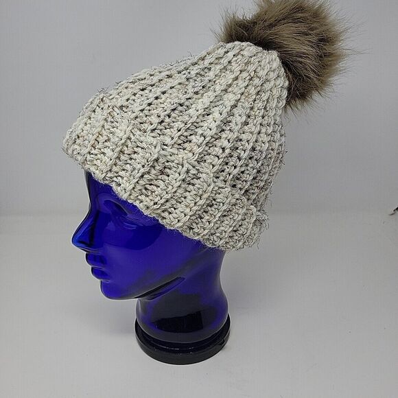 Womens Winter Knitted Beanie Hat with Faux Fur Pom Warm Knit Skull Cap - Picture 1 of 12